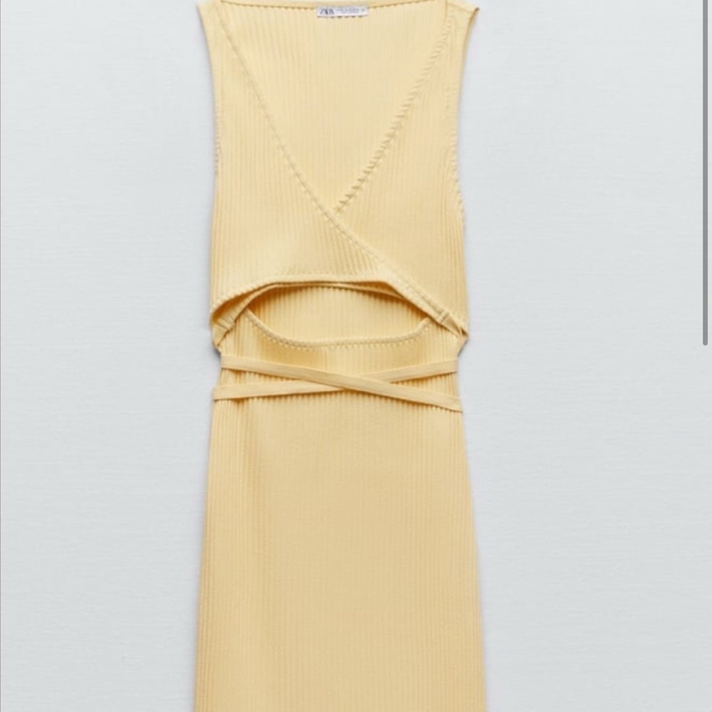 ZARA Women's Yellow Cut Out Knit Midi Dress L Sleeveless Summer Ribbed Casual - Picture 4 of 10